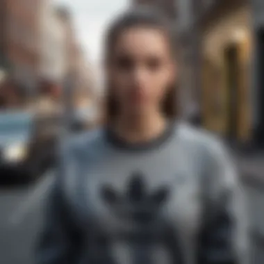 Fashionable urban individuals wearing adidas sweatshirts in a city setting