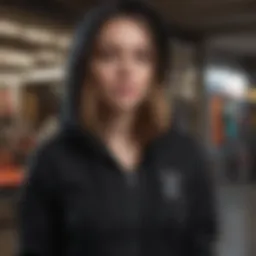 Stylish black zip-up hoodie paired with skateboarding gear