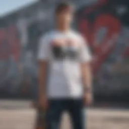 A stylish skateboarder wearing the AI Slam Magazine shirt amidst urban graffiti
