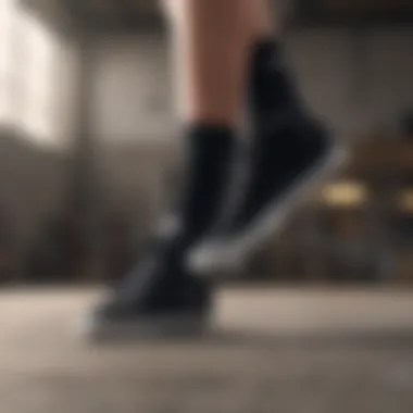 Black Nike No Show Socks in Action Black Nike no show socks in a skateboarding setting