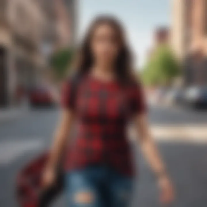 Fashionable woman in buffalo plaid t-shirt walking down city street