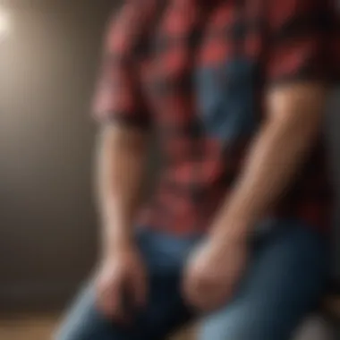 Close-up of buffalo plaid t-shirt paired with denim jeans and stylish accessories