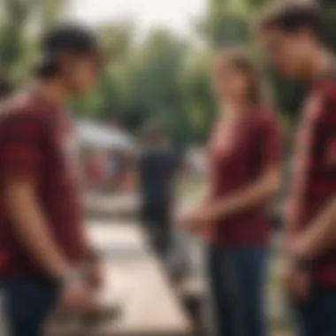 Group of friends enjoying a casual outdoor gathering, one person wearing a buffalo plaid t-shirt