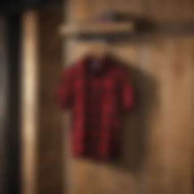 Rustic Elegance in Wardrobe Buffalo plaid t-shirt hanging on a rustic wooden hanger