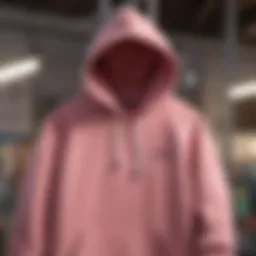 Champion hoodie in pink hanging on a minimalist clothing rack
