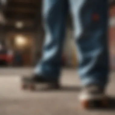 Close-up of baggy Dickies jeans with skateboard in the background