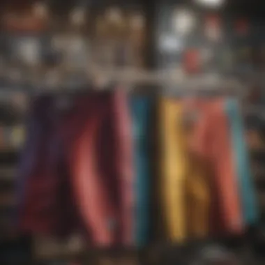 Colorful array of printed board shorts hanging in a skate shop