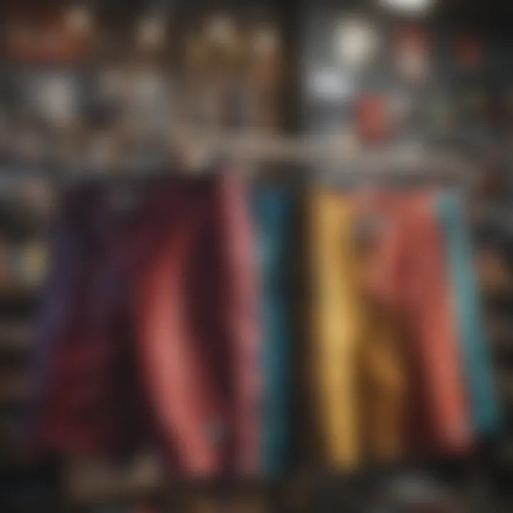 Colorful array of printed board shorts hanging in a skate shop
