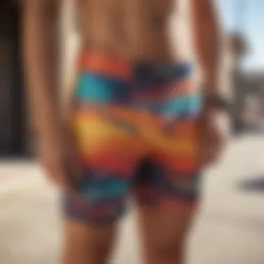 Colorful array of board shorts in a boutique setting