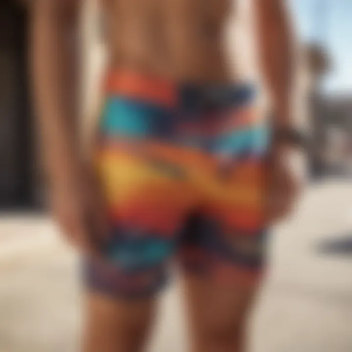 Colorful array of board shorts in a boutique setting