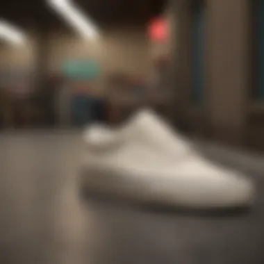 A pair of cream Old Skool Vans against a backdrop of skateboarding culture.