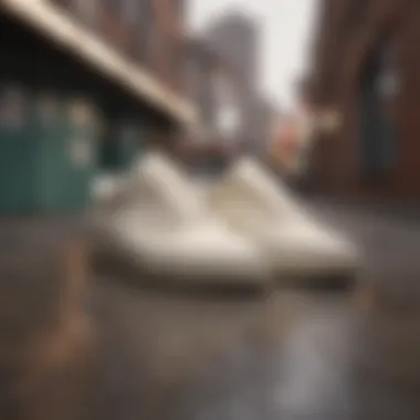 Cream Old Skool Vans in Urban Fashion Cream Old Skool Vans styled with streetwear in an urban setting.