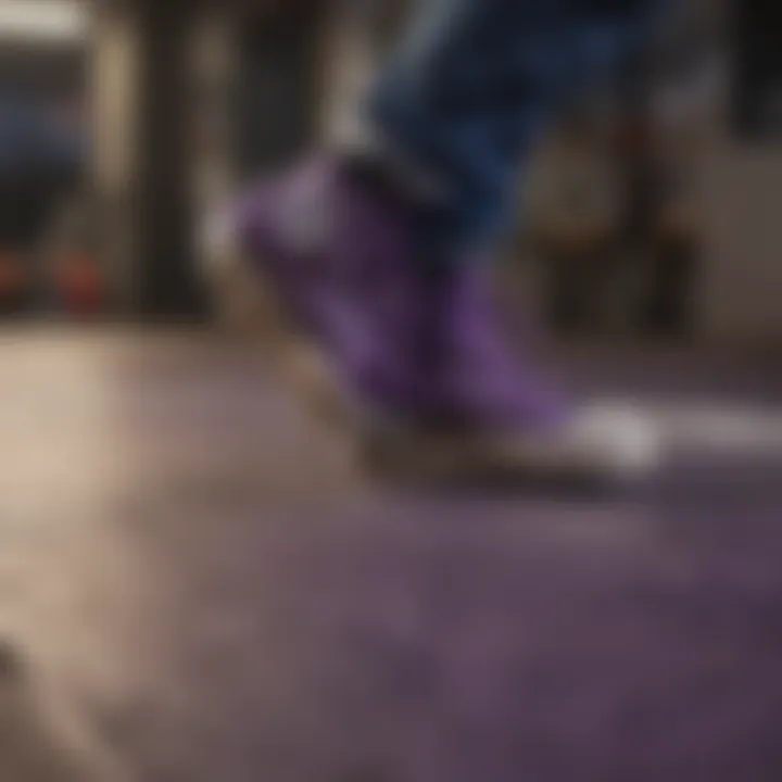 Abstract artistic representation of dark purple chucks intertwined with skateboarding elements