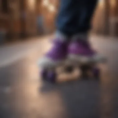 Close-up of dark purple chucks on a skateboard deck