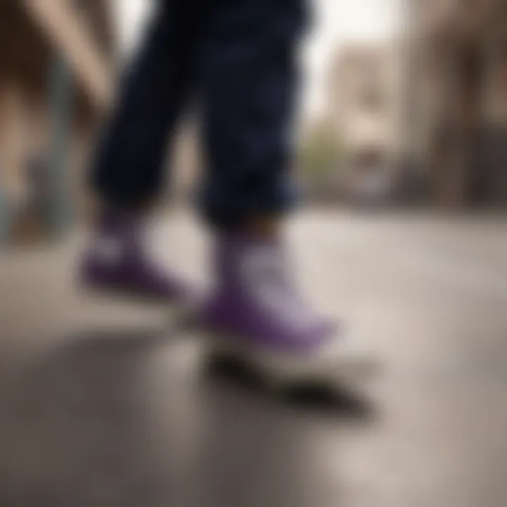 Skateboarder performing a kickflip wearing dark purple chucks