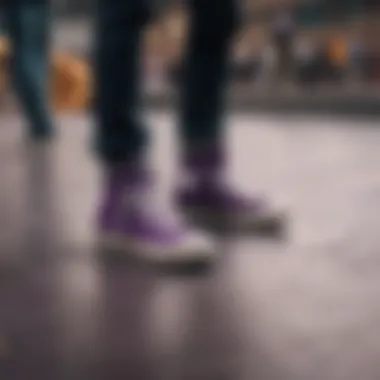 Group of skateboarders in a skatepark all sporting dark purple chucks