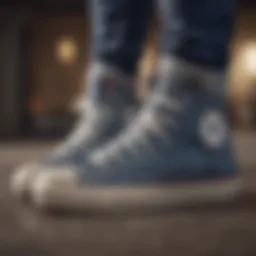 Close-up of Denim Chuck Taylors showcasing unique stitching and fabric texture
