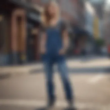 Stylish denim overalls on a city street