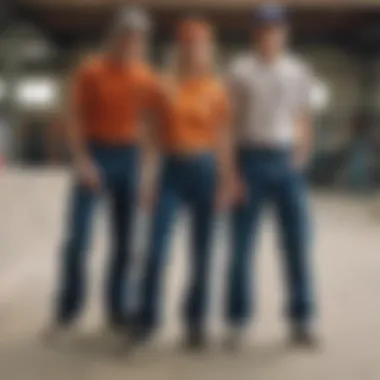 A group of skaters wearing Dickies slack pants in an urban skate park