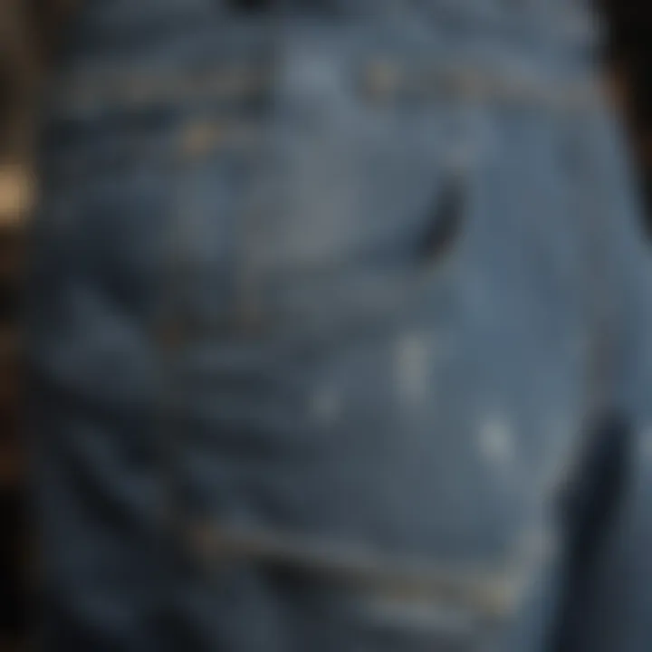 Close-up of distressed denim overalls detail