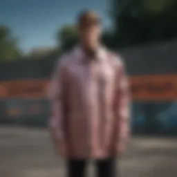 A stylish dope coat showcased against a vibrant skate park backdrop
