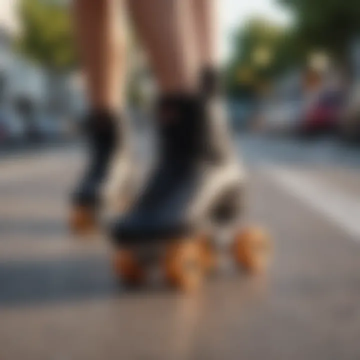 Elegant roller skates gliding on outdoor pavement