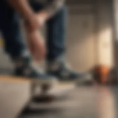 A skateboarder examining the grip and sole of New Balance shoes after a session.