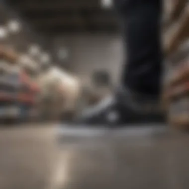 A skateboarder browsing through options in a store, showcasing the search for affordable DC shoes.