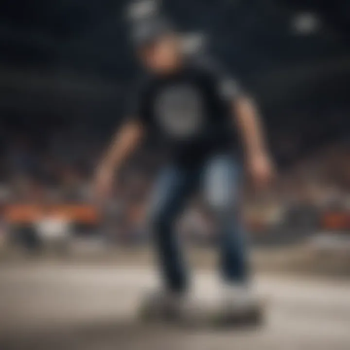 A skater wearing a Monster Jam t-shirt, illustrating the garment's integration within skate culture.