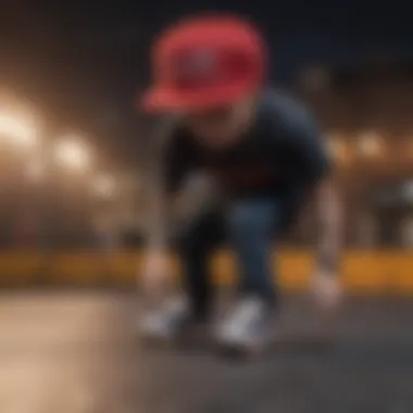 Skateboarder wearing a stylish snapback hat while performing a trick.