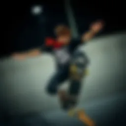 Dynamic skateboarder adorned in a black graphic tee