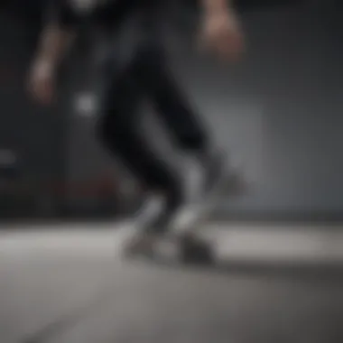 Skateboarder performing a trick while wearing black and white Velcro Vans