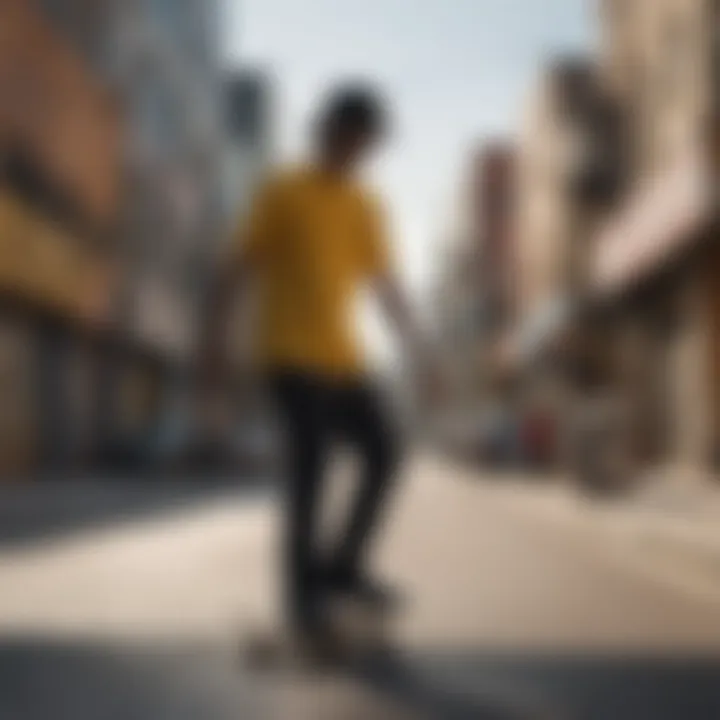 Silhouette of a skateboarder wearing a black and yellow shirt against a urban backdrop