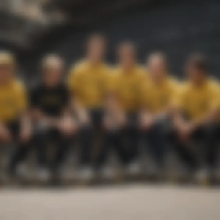 Group of skateboarders gathered wearing black and yellow shirts