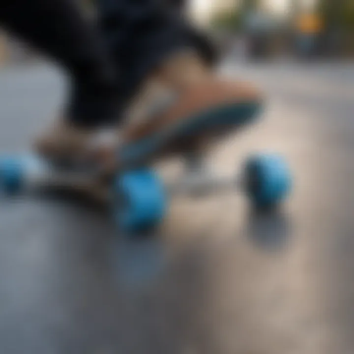 Skateboard with blue grip tape in action