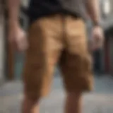 Stylish brown cargo shorts paired with skateboarding gear