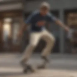 Skateboarder wearing Dickies cream pants performing a trick
