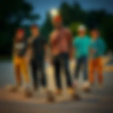 Group of skateboarders in various styling options of Dickies flex pants