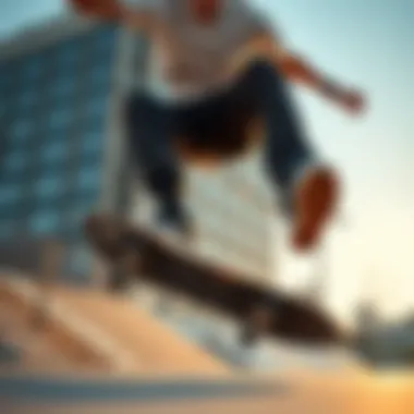 Skateboarder landing a trick, highlighting the flexibility of Dickies pants