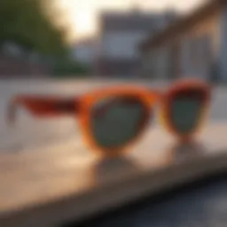 Flame shaped sunglasses on skateboard deck