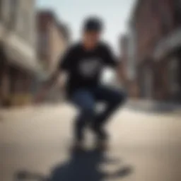 Skateboarder performing a trick wearing a black diamond t-shirt