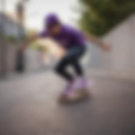 Skateboarder wearing purple tint glasses performing a kickflip