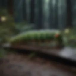 Enchanting illuminated caterpillar in the dark forest