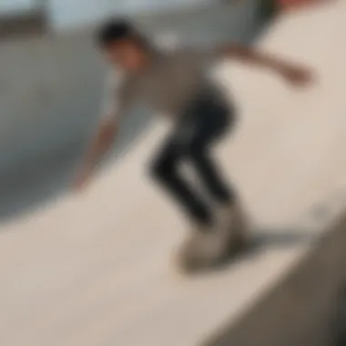 Skater performing a trick in Lakai suede shoes on a skatepark ramp