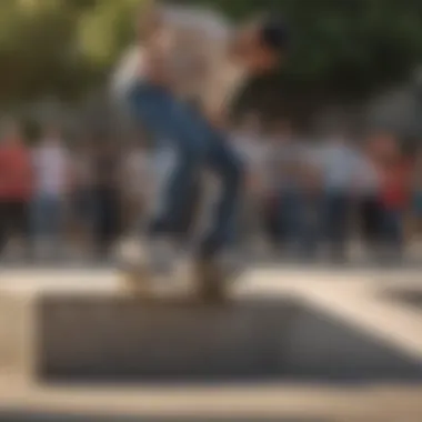 Skater performing tricks wearing Levi's Skate Chino in a vibrant skatepark