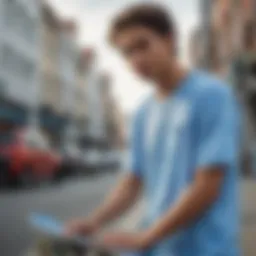 A vibrant light blue tie dye shirt on a skateboarder in an urban setting