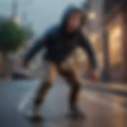 Dynamic skateboarding scene showcasing a stylish front zipper hoodie in motion