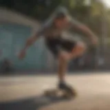 Dynamic skater performing a trick wearing mesh graphic shorts