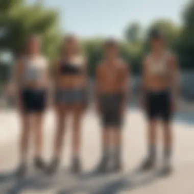 Group of skaters in various mesh graphic shorts at a skate park