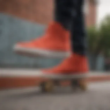 Skateboarder performing a trick while wearing Nike Crimson Shoes